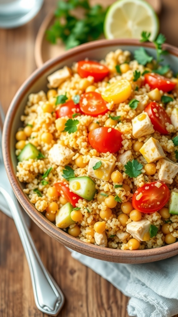 A colorful quinoa chicken and chickpea salad with diced chicken, cherry tomatoes, cucumber, and parsley in a rustic bowl.
